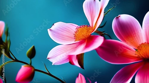 Vivid close-up of delicate pink and white cosmos flowers with golden centers, surrounded by lush green leaves on a soft blue gradient background. Ideal for nature, floral, and botanical projects.