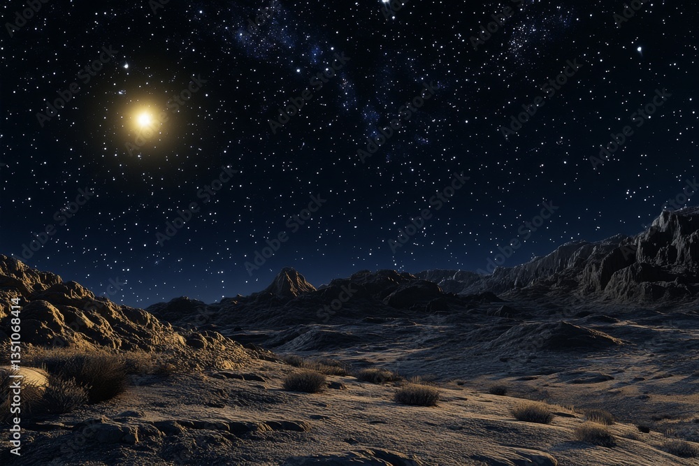 Fototapeta premium Starry night over a rocky desert landscape.