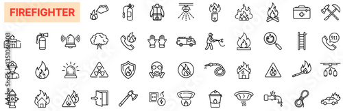 Firefighter Icon Set – Fire Safety, Emergency Equipment, Rescue Tools, Hazard Signs, Fire Response Symbols