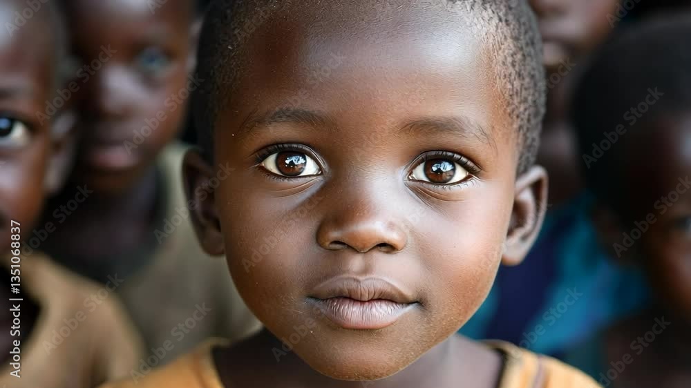 Portrait of a young child with bright eyes smiling amidst friends in a vibrant community setting during daylight hours Portrait of a young child with bright eyes smiling amidst friends in a vibrant community setting during daylight hours