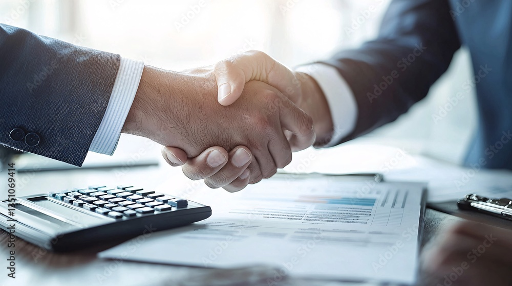 Close-up of a calculator, contract, and handshake in a negotiation meeting, financial negotiation, numbers-driven deal-making Close-up of a calculator, contract, and handshake in a negotiation meeting, financial negotiation, numbers-driven deal-making
