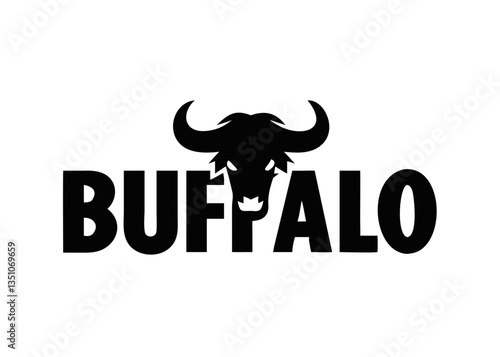 Silhouette of a Buffalo with "Buffalo" Text Overlay , A bold, black silhouette of a buffalo, with the word "Buffalo" stylized and overlaid on the image.