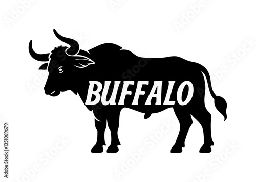 Silhouette of a Buffalo with "Buffalo" Text Overlay , A bold, black silhouette of a buffalo, with the word "Buffalo" stylized and overlaid on the image.