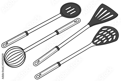 97 Kitchen utensils, wooden handles, black nylon tools, minimalist design, cooking implements, spatula, ladle, slotted spoon, pasta server, clean layout, symmetrical arrangement, white background, cul