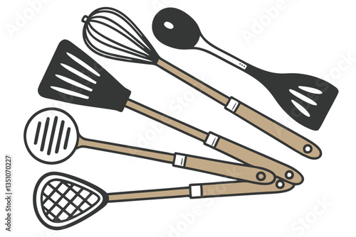97 Kitchen utensils, wooden handles, black nylon tools, minimalist design, cooking implements, spatula, ladle, slotted spoon, pasta server, clean layout, symmetrical arrangement, white background, cul