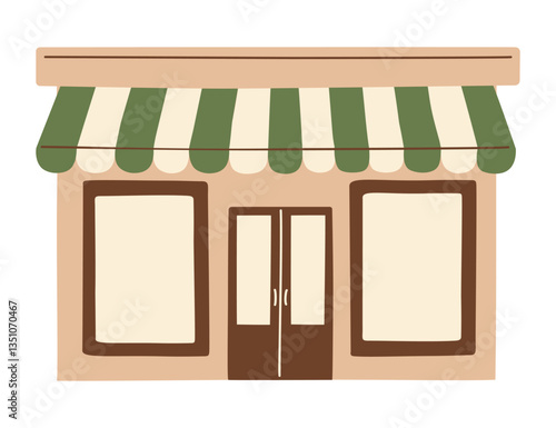 Cozy small bakery, shop, market, cafe, or small-town store vector illustration, cute storefront with green striped awning, vintage aesthetic. Hand-drawn clipart for local business branding and design.