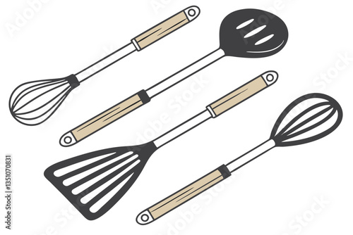 97 Kitchen utensils, wooden handles, black nylon tools, minimalist design, cooking implements, spatula, ladle, slotted spoon, pasta server, clean layout, symmetrical arrangement, white background, cul
