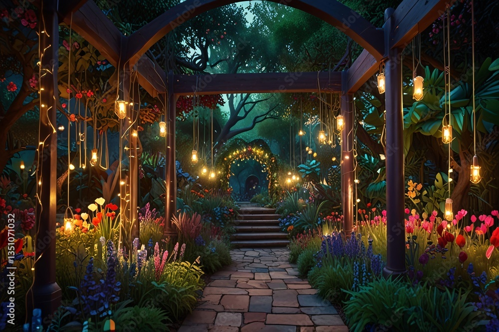 Obraz premium Cinematic Magic Garden with Glowing Lights and Vibrant Flowers V7
