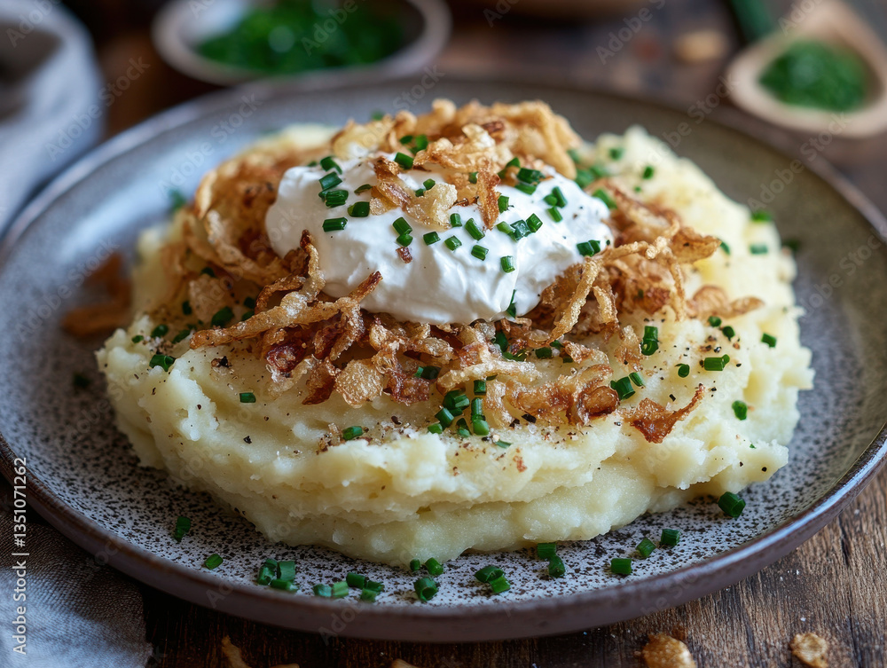 Creamy mashed potatoes topped with crispy fried onions, sour cream, and fresh chives on rustic plate Creamy mashed potatoes topped with crispy fried onions, sour cream, and fresh chives on rustic plate