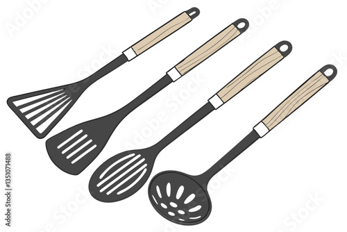 97 Kitchen utensils, wooden handles, black nylon tools, minimalist design, cooking implements, spatula, ladle, slotted spoon, pasta server, clean layout, symmetrical arrangement, white background, cul