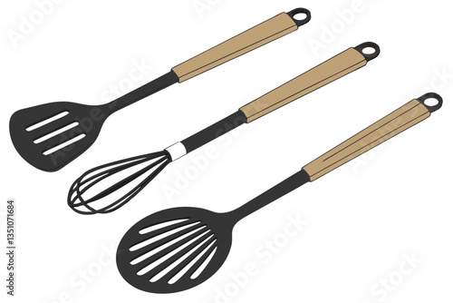 97 Kitchen utensils, wooden handles, black nylon tools, minimalist design, cooking implements, spatula, ladle, slotted spoon, pasta server, clean layout, symmetrical arrangement, white background, cul