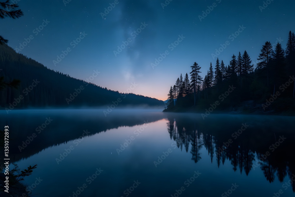 Obraz premium Misty Lake Reflection with Silhouetted Trees and Hills