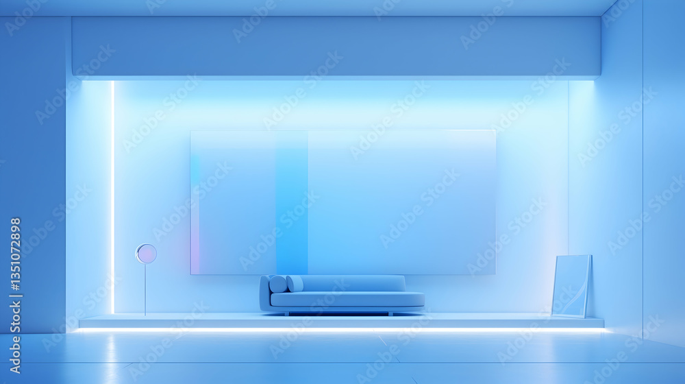 Serene minimalist living room bathed in cool blue light, featuring a sleek white sofa and a large pale canvas, creating a tranquil and futuristic atmosphere. Serene minimalist living room bathed in cool blue light, featuring a sleek white sofa and a large pale canvas, creating a tranquil and futuristic atmosphere.