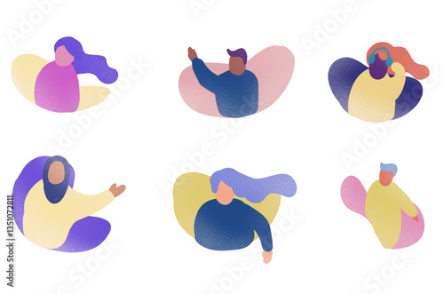 Colorful abstract characters depicting diverse people in dynamic poses.