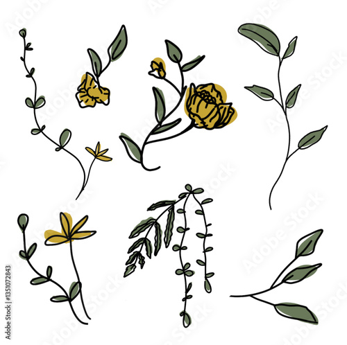 Hand-drawn floral elements with yellow flowers and green leaves.