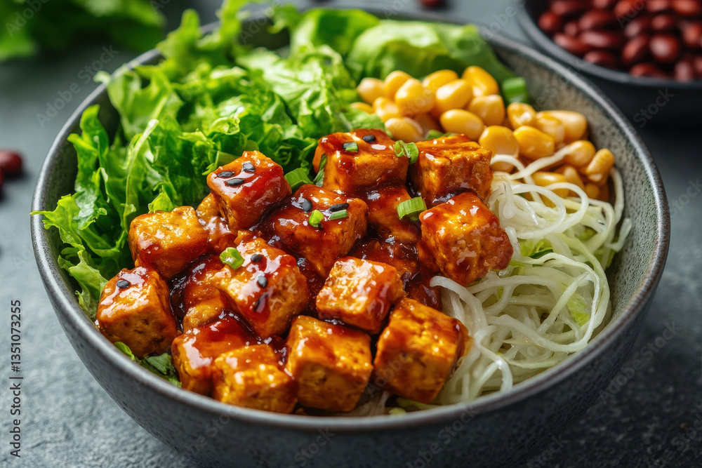 vibrant plant based bowl with tofu, beans, noodles, and fresh vegetables, topped with savory sauce vibrant plant based bowl with tofu, beans, noodles, and fresh vegetables, topped with savory sauce