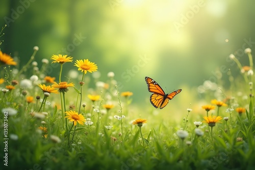 Monarch Butterfly Over a Sunlit Field of Dandelions