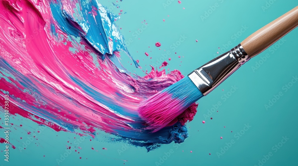 Obraz premium Paintbrush spreads pink and blue paint against a light teal colored background. Use for creative design projects, art, crafts or any artistic presentation.