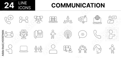 Collection of 24 communication line icons featuring editable strokes. These outline icons depict various modes of communication, business, set, line, group, outline, people, phone, chat, contact, supp