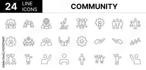 Collection of 24 community line icons featuring editable strokes. These outline icons depict various modes of community, icon set, people, stroke, handshake, hand, blue, success, workshop, team, 