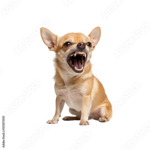 A small, aggressive Chihuahua with its mouth wide open, sharp teeth and a fierce expression.