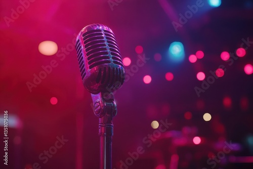 Classic microphone on stage with vibrant pink and blue bokeh lights. Great for music, events, or performance related designs.