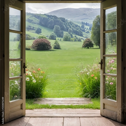 Serene Countryside View Through Open Door