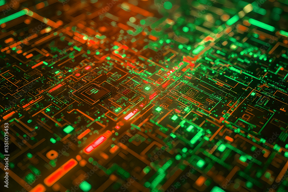 Obraz premium Glowing Circuitry: Abstract Technological Pattern with Neon Lines on Dark Background