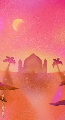 Beautiful sunset view of a mosque silhouette with palm trees.