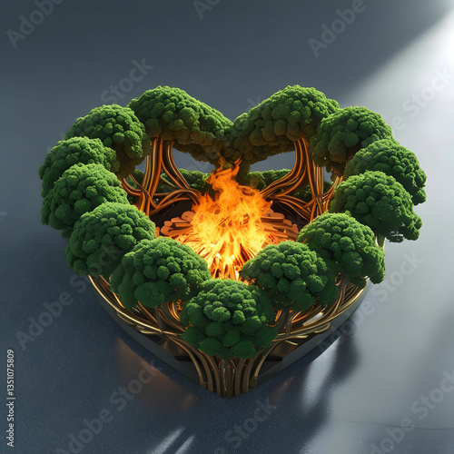 Surreal 3D heart of interwoven green trees, glowing with natural light on a gray background