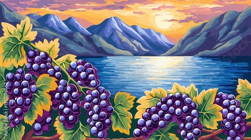 Serene Sunset Landscape with Lush Grape Vines and Mountain Lake