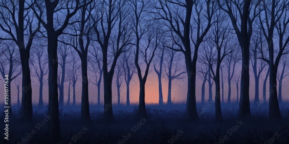 Serene Twilight in a Leafless Forest with Ethereal Light Glow Serene Twilight in a Leafless Forest with Ethereal Light Glow