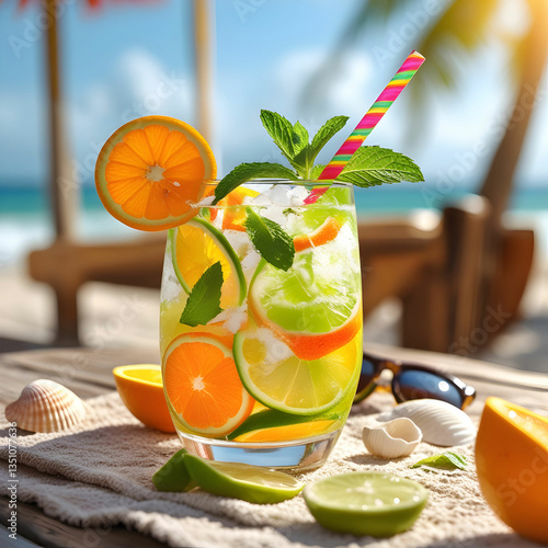 Refreshing summer drink with ice, citrus slices, and mint, perfect for hot sunny days