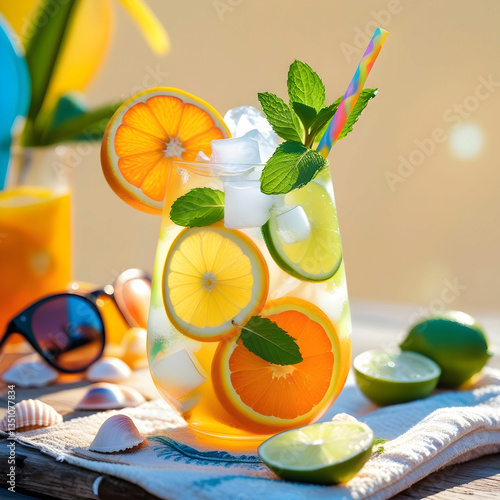 Refreshing summer drink with ice, citrus slices, and mint, perfect for hot sunny days