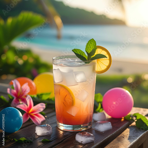 Refreshing summer drink with ice, citrus slices, and mint, perfect for hot sunny days