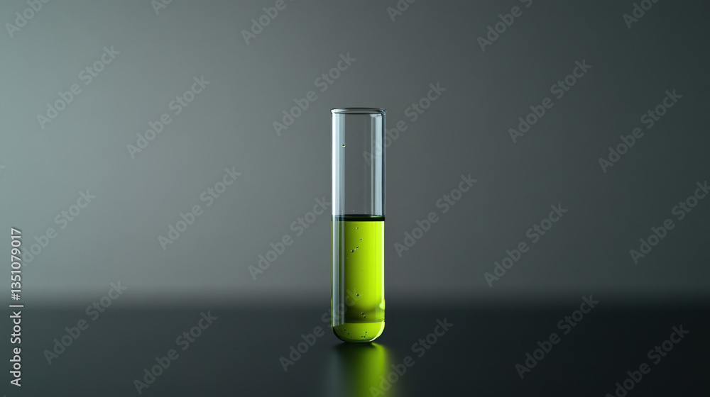 A close-up of a single test tube containing a vibrant green liquid, placed on a sleek, matte black table A close-up of a single test tube containing a vibrant green liquid, placed on a sleek, matte black table