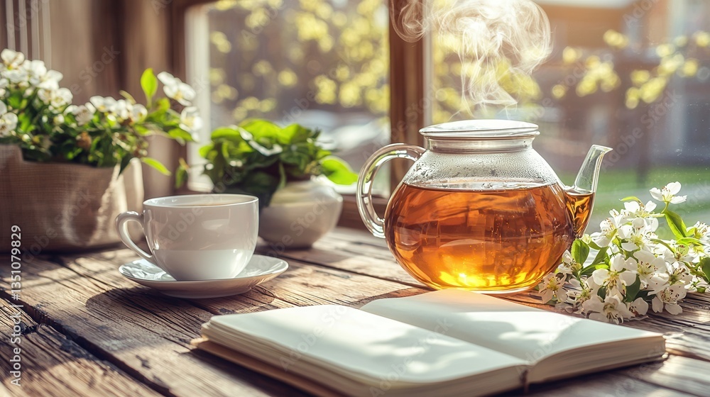 Warm Tea Open Book Blossoms Sunny Window Warm Tea Open Book Blossoms Sunny Window