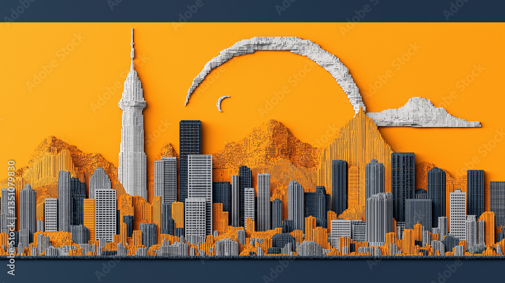 Obraz premium Urban Horizon: A stylized depiction of a vibrant city skyline, featuring iconic skyscrapers and abstract architectural elements set against a warm, gradient background.