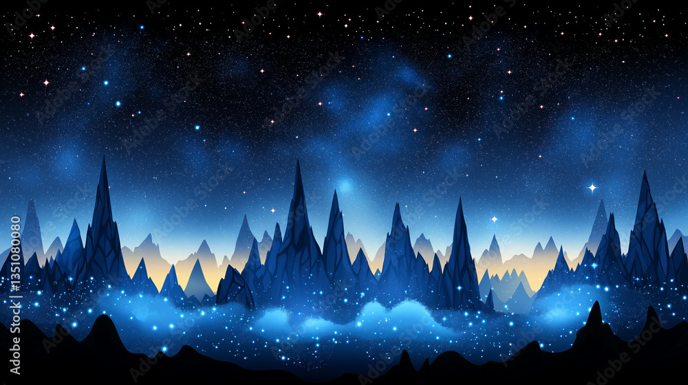 Fototapeta premium Celestial Peaks: A breathtaking digital illustration presents a stunning nightscape where jagged mountain peaks reach toward a vibrant, star-studded sky. Capturing a sense of wonder, mystery.