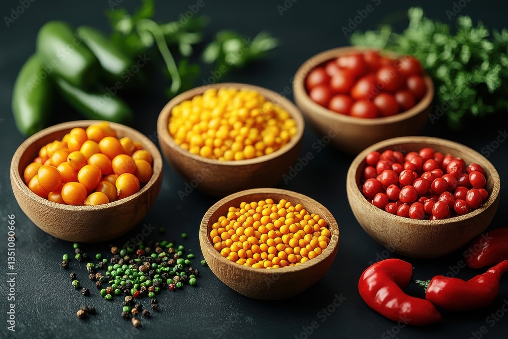 Small, ripe cherry tomatoes in red, orange, and yellow offer vibrant ingredients for flavorful vegetable bowls. Small, ripe cherry tomatoes in red, orange, and yellow offer vibrant ingredients for flavorful vegetable bowls.