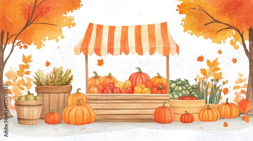 Autumn Harvest Market: Watercolor Painting of a Rustic Fall Produce Stand with Pumpkins, Vegetables, and Autumn Trees