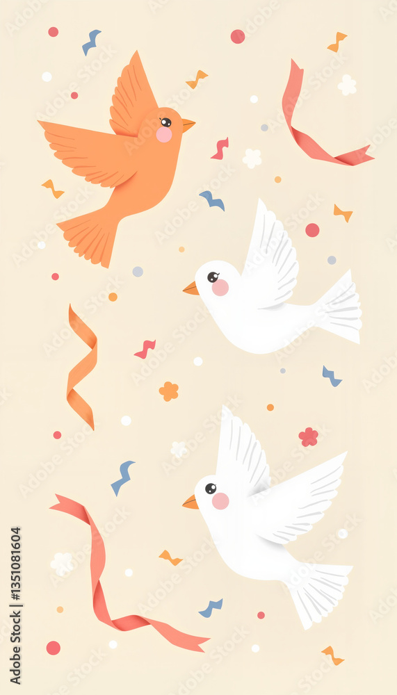 Paper Doves - Colorful birds flying with ribbons and confetti on beige Paper Doves - Colorful birds flying with ribbons and confetti on beige