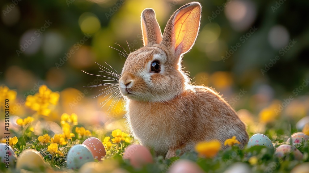 Fototapeta premium Adorable Easter bunny amidst colorful eggs in a garden bathed in sunlight