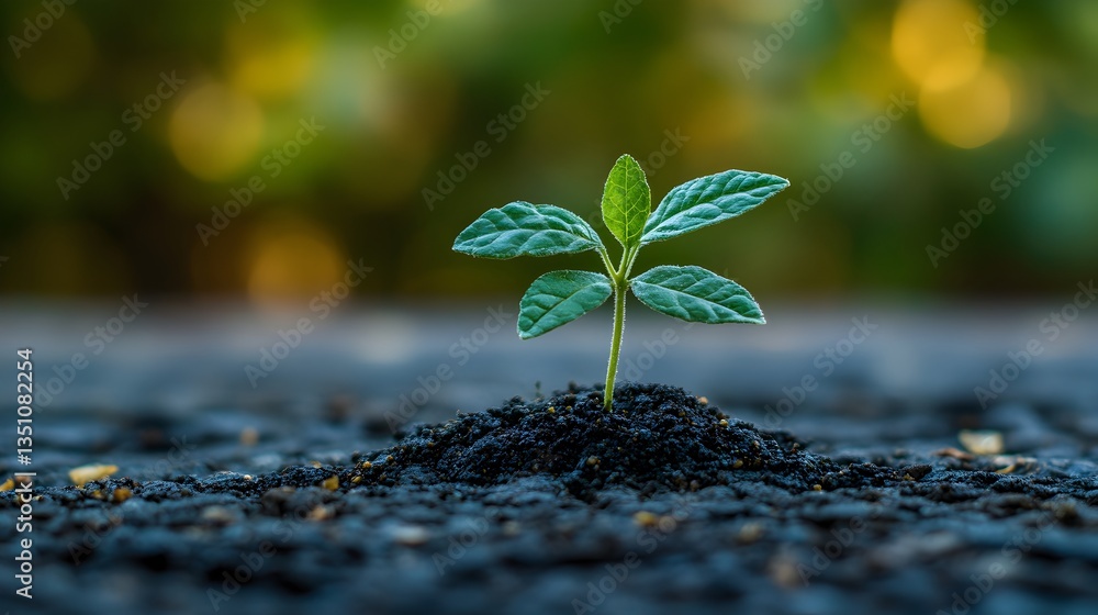 A tiny green sprout bravely emerges from dark soil pushing through cracks in asphalt demonstrating resilience and growth. A tiny green sprout bravely emerges from dark soil pushing through cracks in asphalt demonstrating resilience and growth.