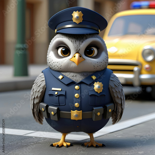 Cartoonish owl-like bird in a police uniform with gold insignia, wearing a dark blue cap
