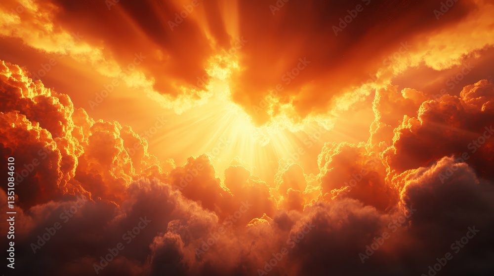 Fototapeta premium A breathtaking view of radiant sunlight illuminating clouds, creating a dramatic sky filled with orange and gold hues.