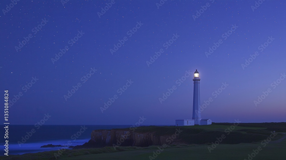Fototapeta premium Serene Night Seascape with Illuminated Lighthouse Under Starry Sky