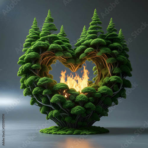 Surreal 3D heart of interwoven green trees, glowing with natural light on a gray background