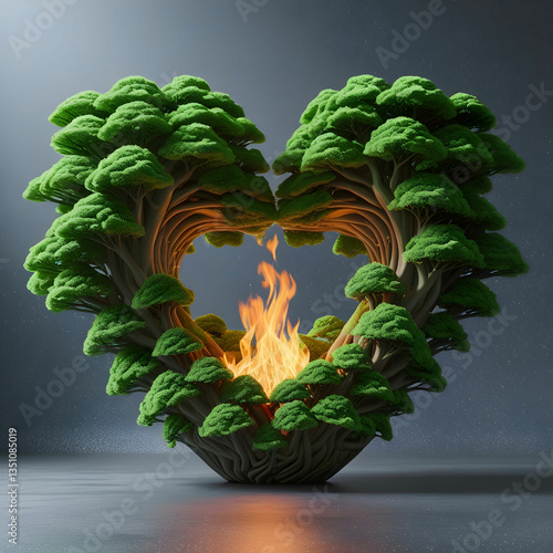 Surreal 3D heart of interwoven green trees, glowing with natural light on a gray background