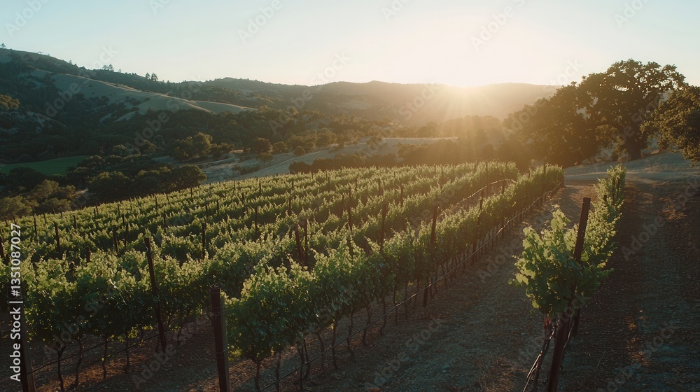 Obraz premium Vineyard at Sunset Rows of Grapes Bathed in Golden Light
